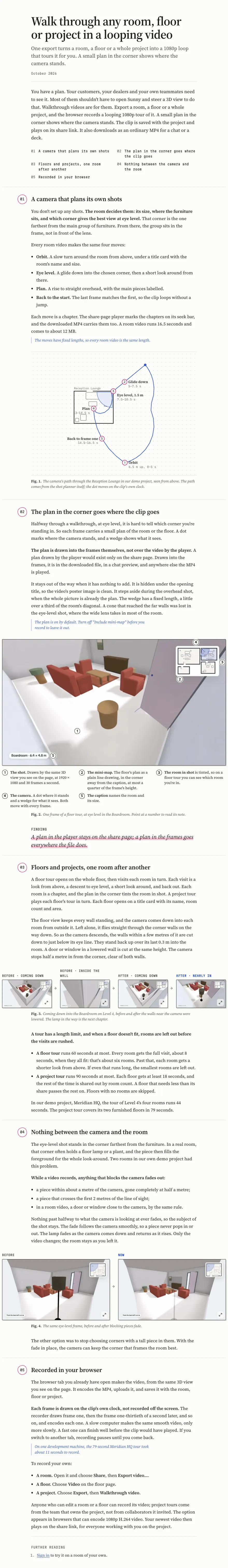 The Sunny post, at chapter 1's figure: the camera's route drawn over the room's plan, with five numbered stops and their times.