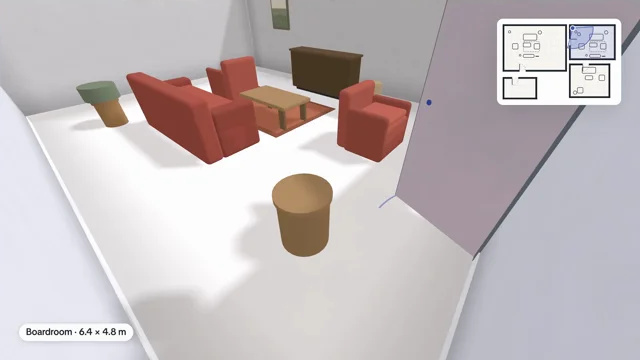 A video frame at eye level in the Boardroom of Meridian HQ's Level 4: sofas, armchairs and a side table, a caption chip reading Boardroom 6.4 × 4.8 m in the lower left, and a small floor plan in the top-right corner with the Boardroom tinted blue and a blue dot and wedge in its top-left corner.